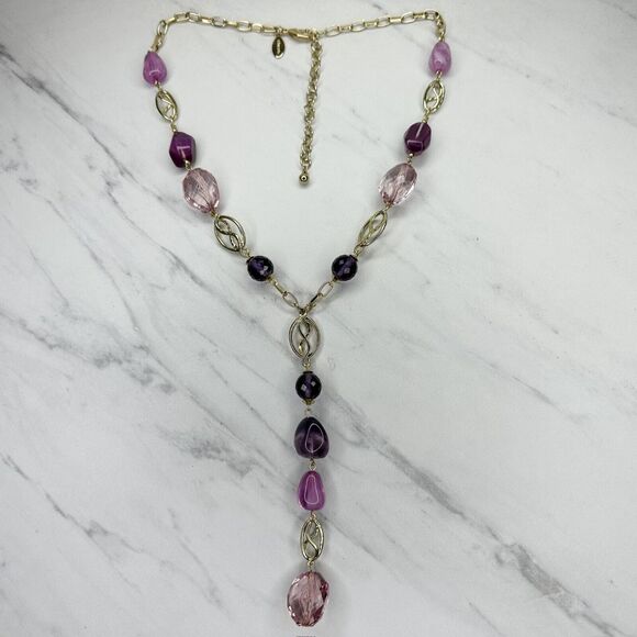Chico's Gold Tone Purple Beaded Y-Drop Linear Pendant Necklace ✨ - Picture 1 of 10